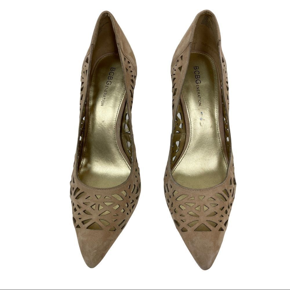BCBG Size 9.5 Nude Tan Neutral Stiletto Heels Leather Suede Laser Cut Out